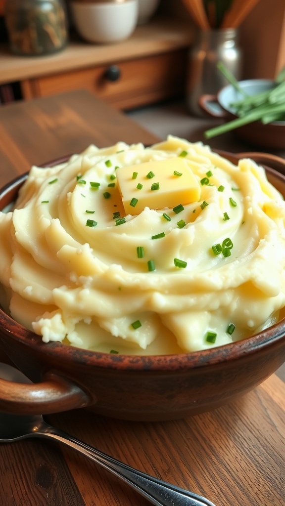 A bowl of creamy mashed potatoes with butter and chives on a rustic wooden table.